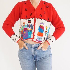Vintage Eagle’s Eye Red Cotton Knit Caroler Cardigan Festive Holiday Christmas M